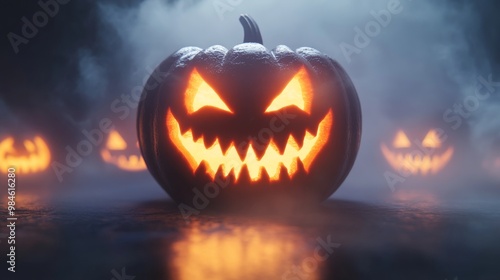 Eerie Glowing Jack-o'-Lantern in Fog, 3D Rendering, Halloween Decoration, Spooky , Halloween , Jack-o'-lantern , 3D rendering