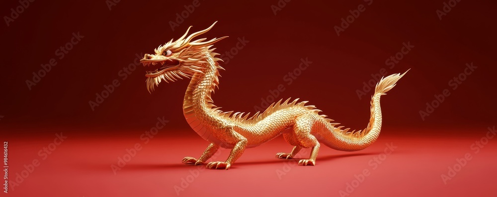 Golden Dragon on Red Background - 3D Render, Chinese Dragon, Mythical Creature, Dragon, 3D Model