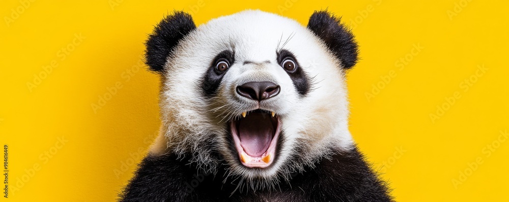 Giant Panda Yawning Close-up on Yellow Background, panda, animal, wildlife Giant Panda Yawning Close-up on Yellow Background, panda, animal, wildlife