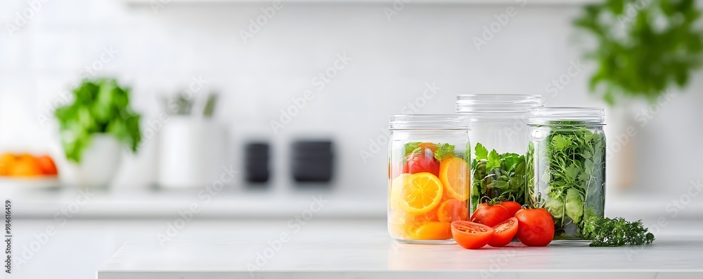 Fresh Herbs and Vegetables in Transparent Containers - Organized Minimalist Kitchen for Healthy Meal Prep and Tidy Storage Solutions Fresh Herbs and Vegetables in Transparent Containers - Organized Minimalist Kitchen for Healthy Meal Prep and Tidy Storage Solutions