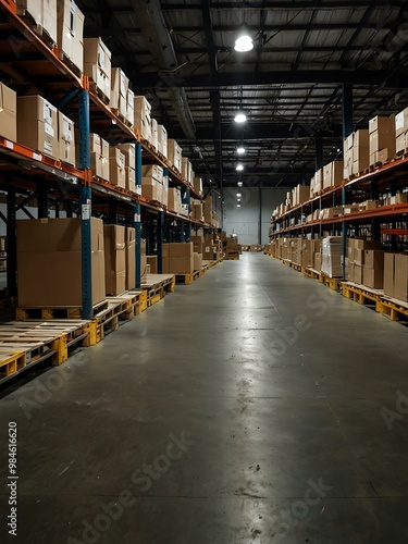 Spacious warehouse aisle with boxes and shelves.