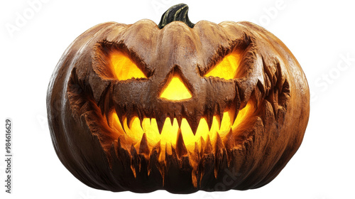 A menacing jack-o'-lantern with glowing eyes and sharp teeth, embodying the spooky spirit of Halloween against a dark background., isolated on background. photo