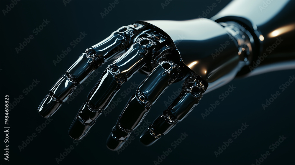 Naklejka premium Close-up of a shiny metallic robotic hand with articulated fingers.