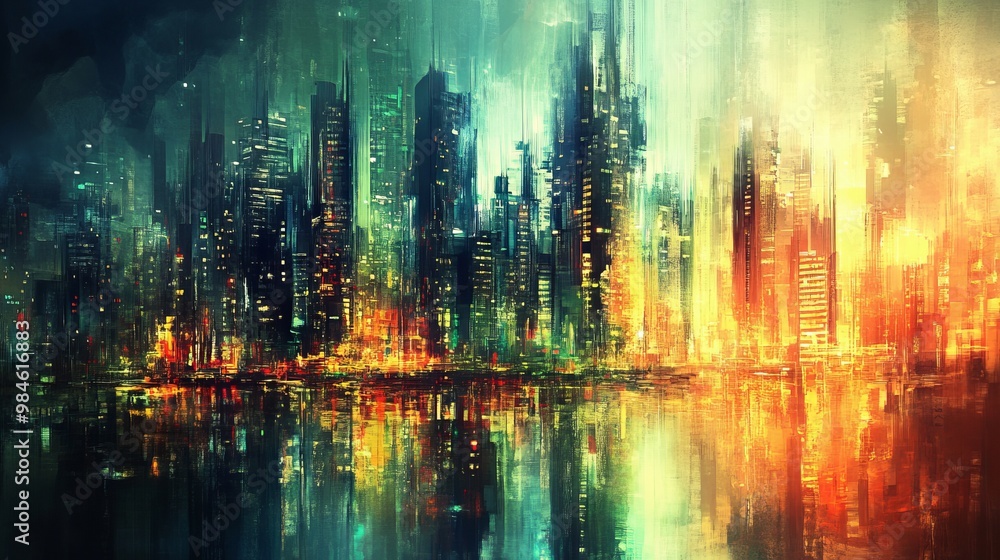 Obraz premium Nighttime Cityscape Reflection, Digital Painting, Abstract, City, Lights, ,