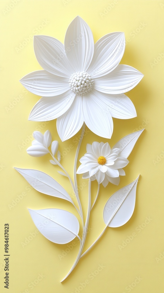 Stylized white flowers on a soft yellow background, showcasing elegance and simplicity in floral design. Stylized white flowers on a soft yellow background, showcasing elegance and simplicity in floral design.