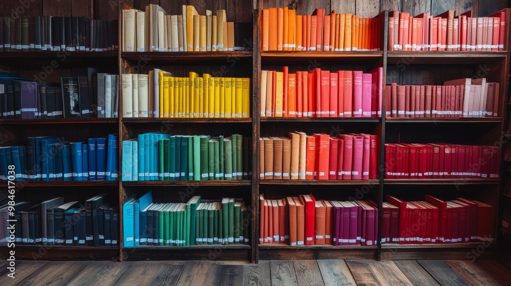 Fototapeta premium Rainbow of Knowledge A Colorful Library Shelf Displayed in Warm Lighting, Books, Literature, Reading