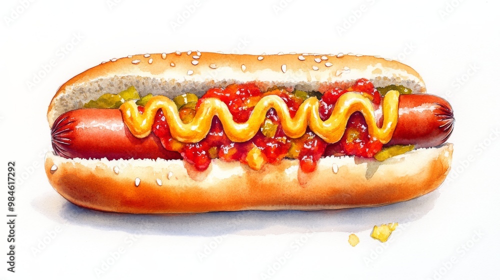 Watercolor Hot Dog with Mustard, Ketchup and Relish, Watercolor, Food Illustration, American Cuisine, hotdog, food Watercolor Hot Dog with Mustard, Ketchup and Relish, Watercolor, Food Illustration, American Cuisine, hotdog, food