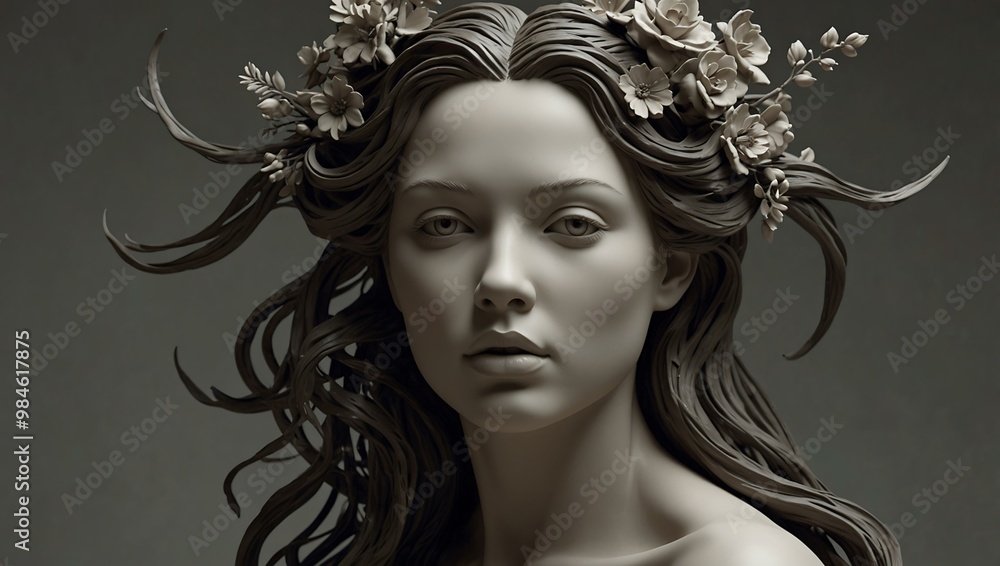Realistic Woman Sculpture with Flowing Hair and Floral Elements Realistic Woman Sculpture with Flowing Hair and Floral Elements