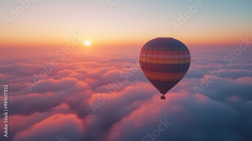 A hot air balloon soars above a sea of clouds at sunset, creating a breathtaking spectacle of color and tranquility.