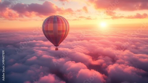 Colorful hot air balloon flying above clouds at sunset.