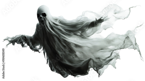 A spectral figure draped in tattered gray cloth floats eerily against a black background, embodying classic ghostly imagery., isolated on background.