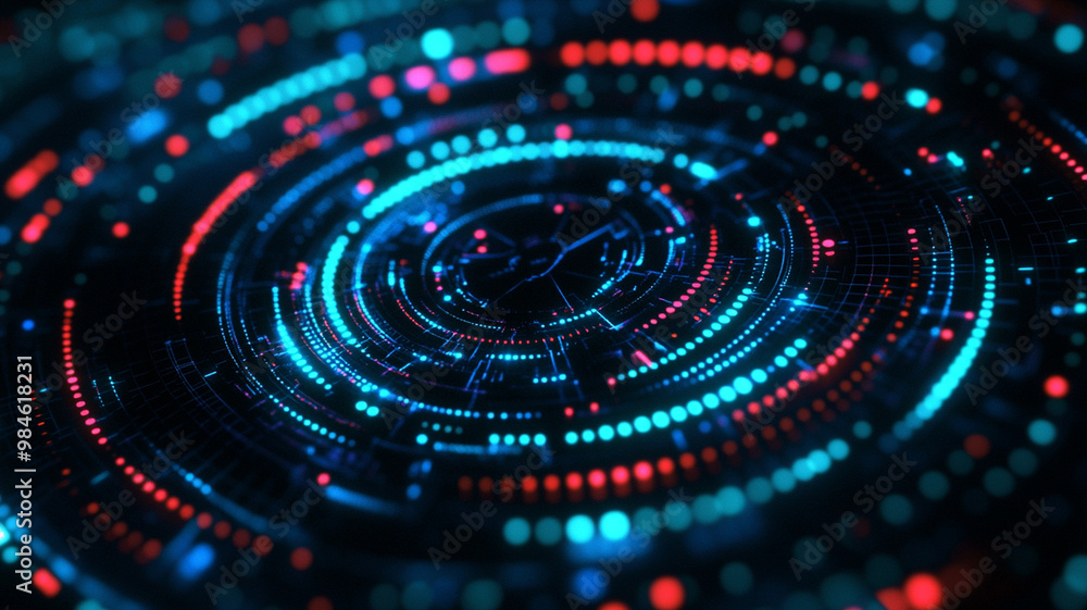 Abstract futuristic circles with vibrant blue and red lights create mesmerizing digital landscape, evoking sense of advanced technology and innovation Abstract futuristic circles with vibrant blue and red lights create mesmerizing digital landscape, evoking sense of advanced technology and innovation