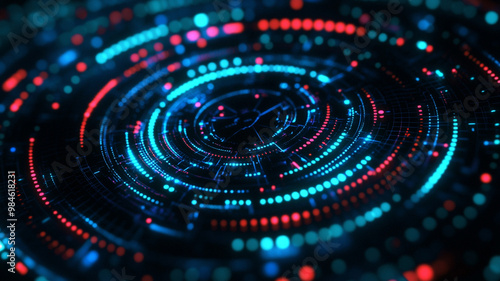 Abstract futuristic circles with vibrant blue and red lights create mesmerizing digital landscape, evoking sense of advanced technology and innovation