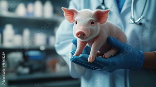 A veterinarian in scrubs holds a small pig in a well-equipped veterinary clinic. The environment showcases a variety of medical supplies and technology, indicating a focus on animal health.