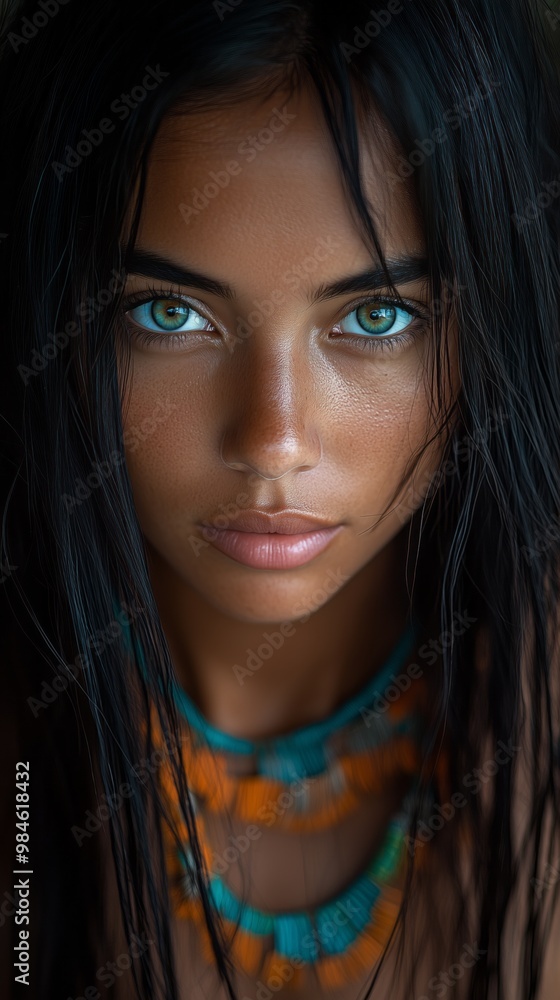 A Brazilian indigenous woman gazes intensely, her striking blue-green eyes captivating the viewer. Adorned with colorful traditional beads, she embodies cultural heritage and strength. A Brazilian indigenous woman gazes intensely, her striking blue-green eyes captivating the viewer. Adorned with colorful traditional beads, she embodies cultural heritage and strength.