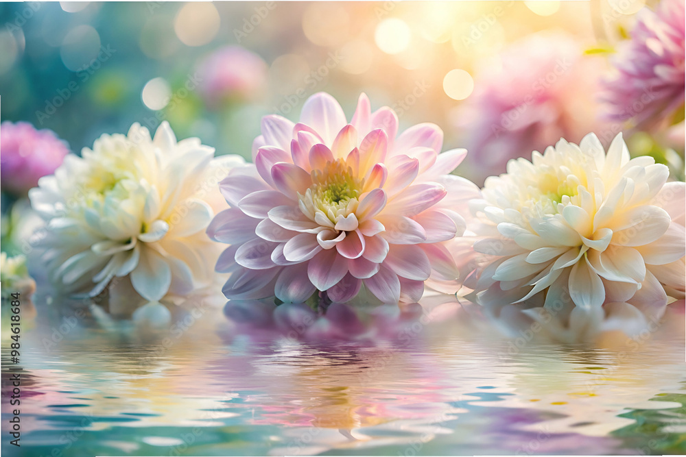 Fototapeta premium Three white and pink flowers are floating on the surface of a body of water