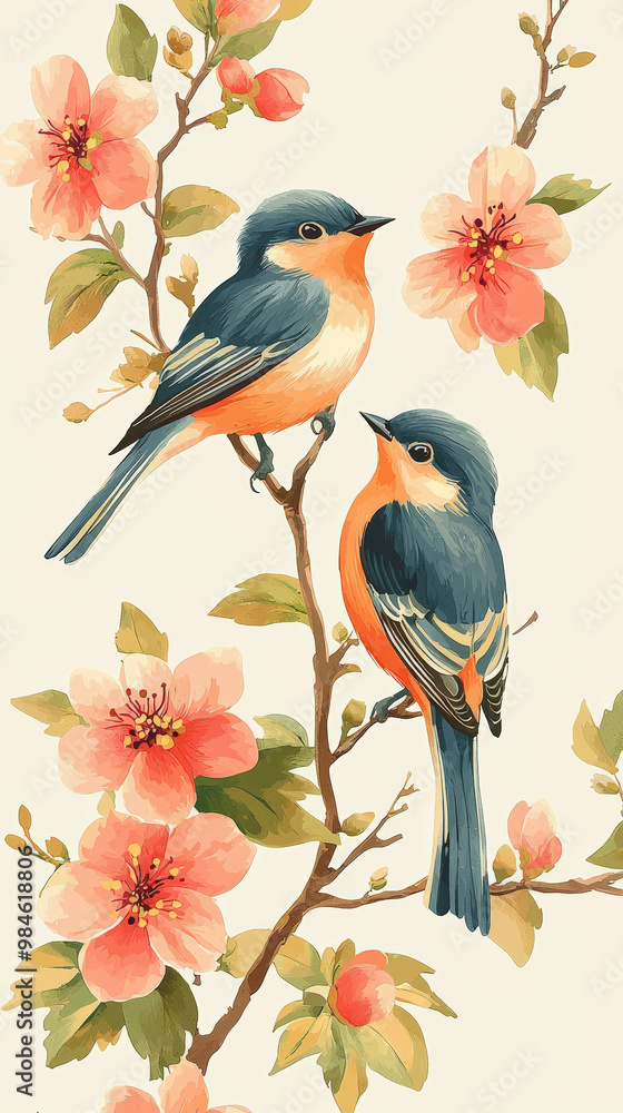 Tropical birds sitting on flowering branches, surrounded by subtle light, create serene and vibrant scene. Their colorful plumage contrasts beautifully with delicate blossoms Tropical birds sitting on flowering branches, surrounded by subtle light, create serene and vibrant scene. Their colorful plumage contrasts beautifully with delicate blossoms