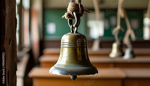 Nostalgic vintage classroom featuring an old-fashioned school bell and rope pull, embodying the essence of history and timeless education photo