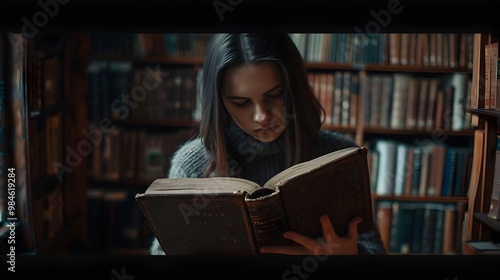 Student Flipping Through Aged Book with Curiosity and Doubt in Library