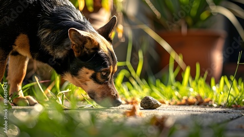Wallpaper Mural Curious Dog Sniffing at Unknown Object in the Yard with Doubt Torontodigital.ca
