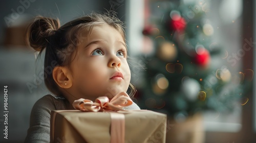 Curious Girl Examining a Gift Wrapped Present during the Festive Holiday Season