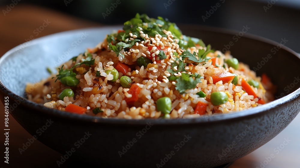 A bowl of delicious fried rice with vegetables, topped with sesame seeds and cilantro.