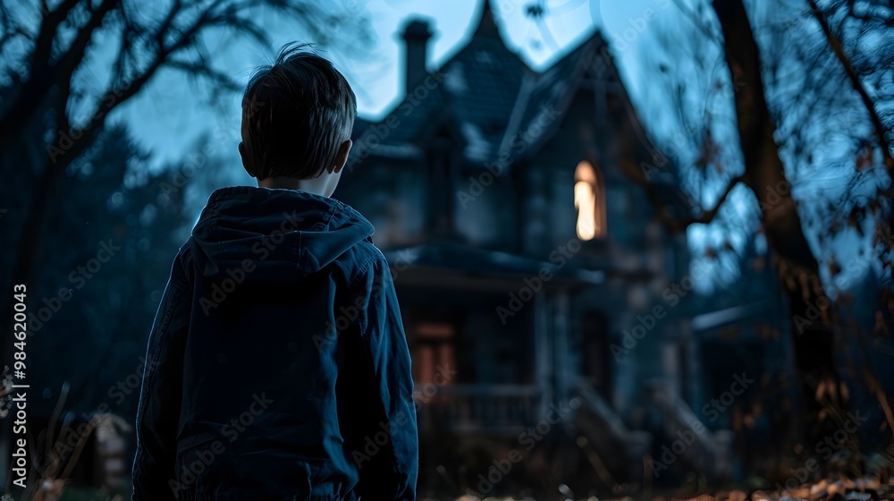 Curious Boy Facing Haunted House with Uncertainty in the Dark Curious Boy Facing Haunted House with Uncertainty in the Dark