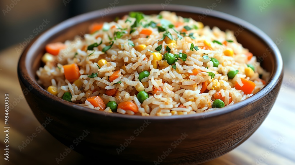 A delicious and colorful plate of fried rice with vegetables. A delicious and colorful plate of fried rice with vegetables.
