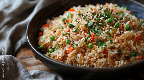 Close-up of a bowl of fried rice with vegetables and sesame seeds.