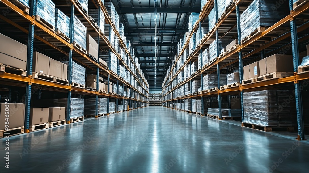 A warehouse aisle with stacked boxes and a reflective floor A warehouse aisle with stacked boxes and a reflective floor