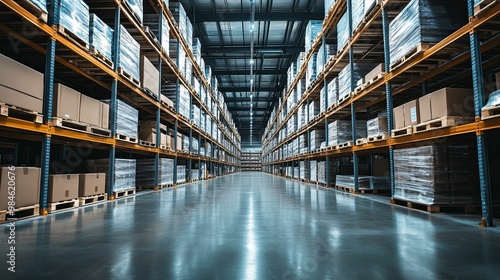 A warehouse aisle with stacked boxes and a reflective floor