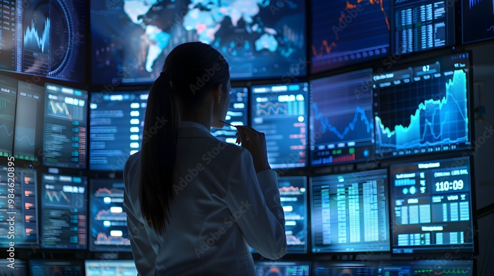 Businesswoman Analyzing Financial Data on Multiple Screens in High Tech Trading Room Businesswoman Analyzing Financial Data on Multiple Screens in High Tech Trading Room