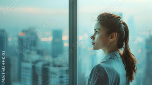 Thoughtful Businesswoman Overlooking City from Office Window with Contemplative Expression Free Download Thoughtful Businesswoman Overlooking City from Office Window with Contemplative Expression - GFXLoad