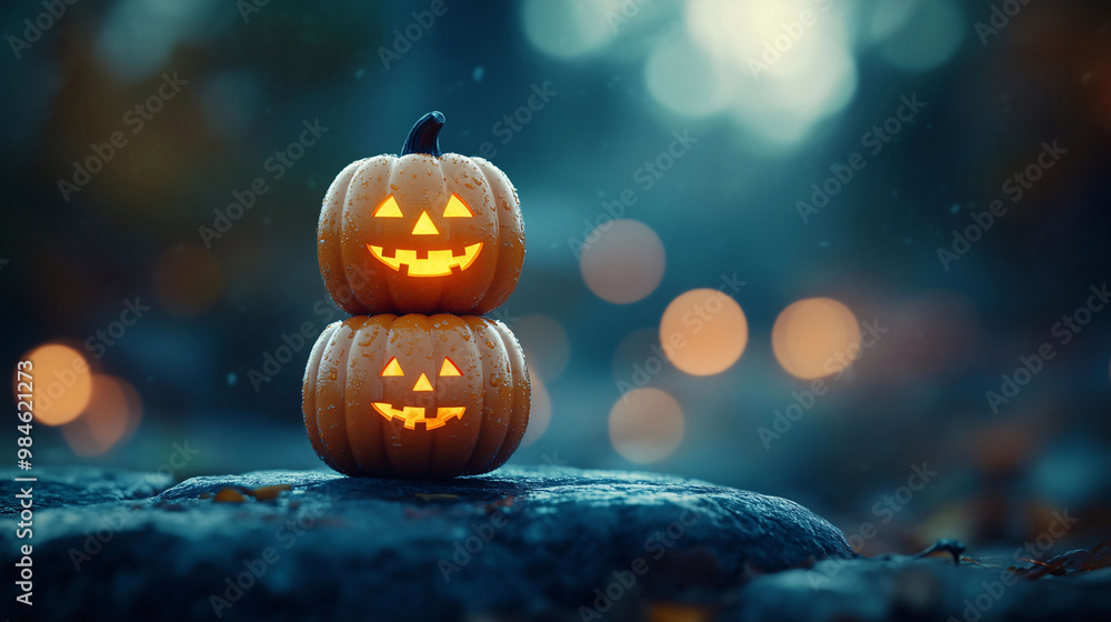 Naklejka premium Stacked Halloween Lanterns with Smiley Face in a Cute Cartoon Style, Dark Tones and Blurred Background Creating a Mysterious Atmosphere for Children's Wallpaper