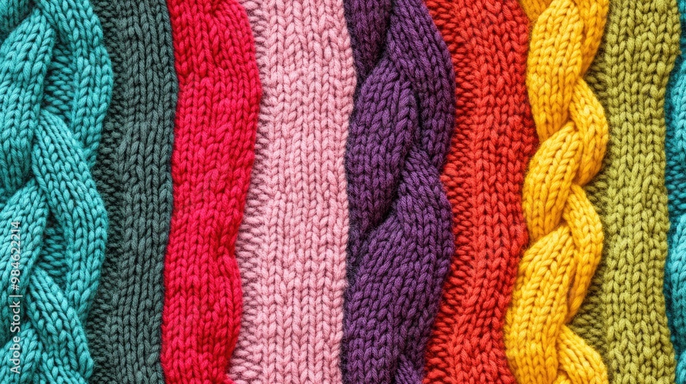 Close up of sweater texture featuring soft lines in green yellow red pink violet grey and maroon against a relief patterned background Close up of sweater texture featuring soft lines in green yellow red pink violet grey and maroon against a relief patterned background