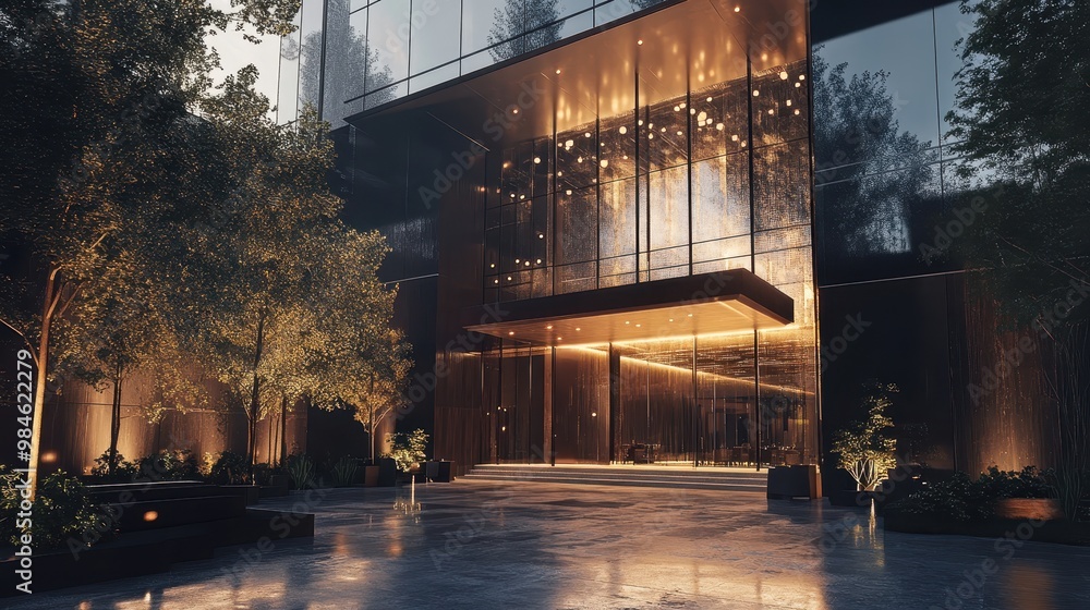 Elegant Entrance of Modern Glass Building at Night Elegant Entrance of Modern Glass Building at Night