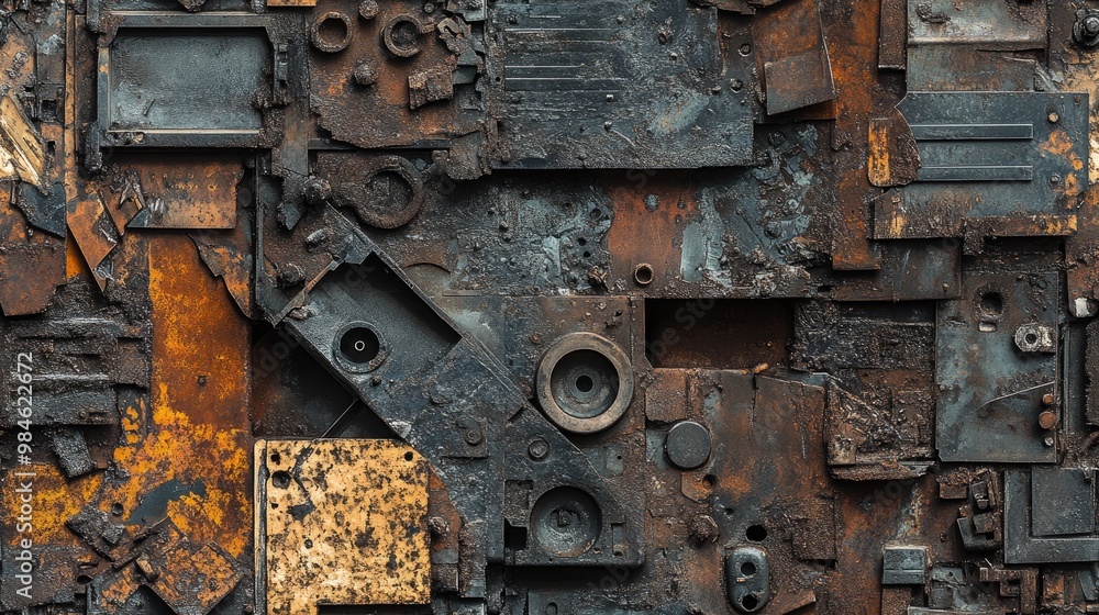 Steel scrap from a lathe machine with various textures in the background Steel scrap from a lathe machine with various textures in the background