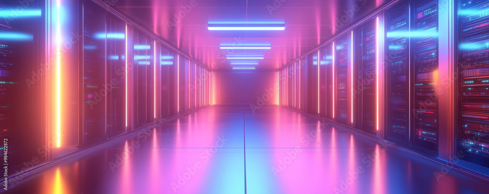 A vibrant server room with glowing lights and perfectly aligned cables creates futuristic atmosphere. colorful reflections on floor enhance high tech environment A vibrant server room with glowing lights and perfectly aligned cables creates futuristic atmosphere. colorful reflections on floor enhance high tech environment