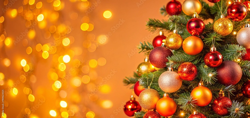 Christmas Tree With Baubles balls And Blurred Shiny Lights ornaments decoration Christmas Tree With Baubles balls And Blurred Shiny Lights ornaments decoration