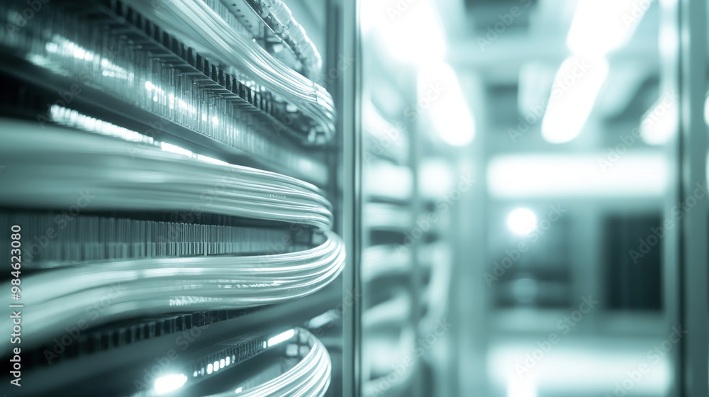 Fototapeta premium Close up of organized data cables in server room, showcasing modern and efficient setup. image highlights intricate arrangement of cables, emphasizing technology and connectivity
