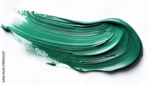 Bold Green Paint Stroke on White Background. Abstract Brush Textures in Vibrant Emerald Hues Capturing Artistic Expression and Dynamic Movement with Thick Acrylic Layering. Product Mockup photo