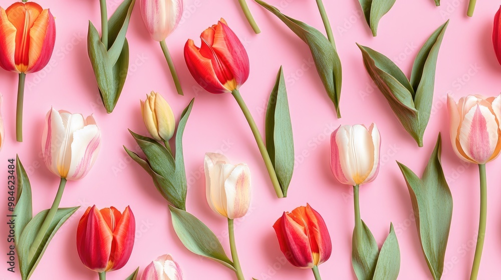 Obraz premium Pattern of tulips on a pink backdrop