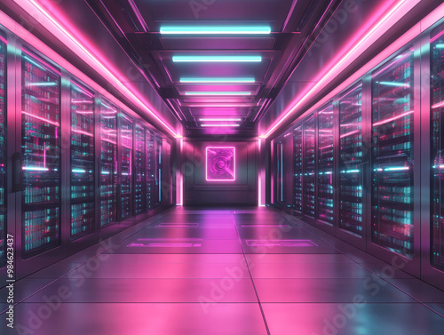 Futuristic data center with glowing fiber optic cables and sleek server racks creates vibrant, high tech atmosphere. neon lights enhance modern design, evoking sense of innovation and advanced technol