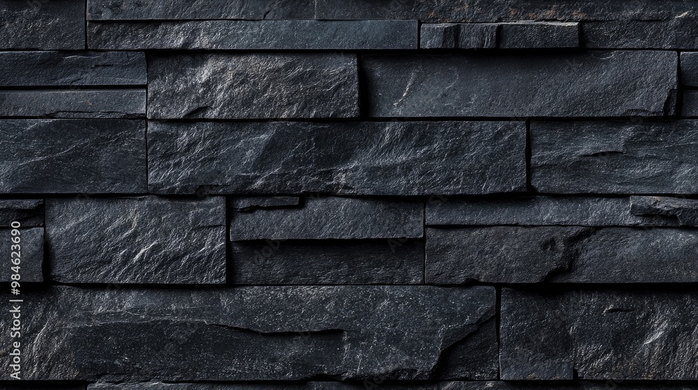 Panoramic view of a modern black stone wall featuring striped texture and a seamless background Panoramic view of a modern black stone wall featuring striped texture and a seamless background
