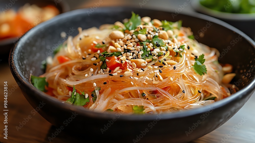 Close-up of a bowl of glass noodles with peanuts and sesame seeds. Close-up of a bowl of glass noodles with peanuts and sesame seeds.