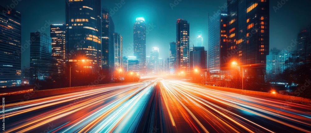 Urban Cityscape at Night: Vibrant Streetlights and Headlights Illuminating a Busy Metropolitan Area. Urban Cityscape at Night: Vibrant Streetlights and Headlights Illuminating a Busy Metropolitan Area.