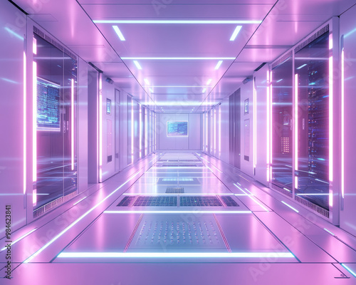 A high tech server room featuring glowing neon cables and sleek design, showcasing advanced technology and futuristic atmosphere. vibrant lighting enhances modern aesthetic