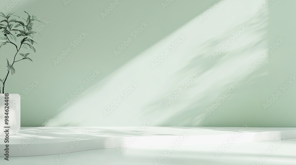 A serene indoor setting with soft green walls and natural light filtering through, highlighting a small plant in a white pot on a minimalistic table. A serene indoor setting with soft green walls and natural light filtering through, highlighting a small plant in a white pot on a minimalistic table.