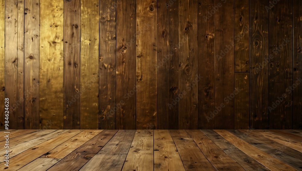 Rustic wooden floor with a gold wall backdrop. Rustic wooden floor with a gold wall backdrop.