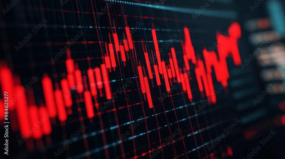 A close-up of a fluctuating red graph line on a digital screen, representing decline or data analysis in finance or technology.